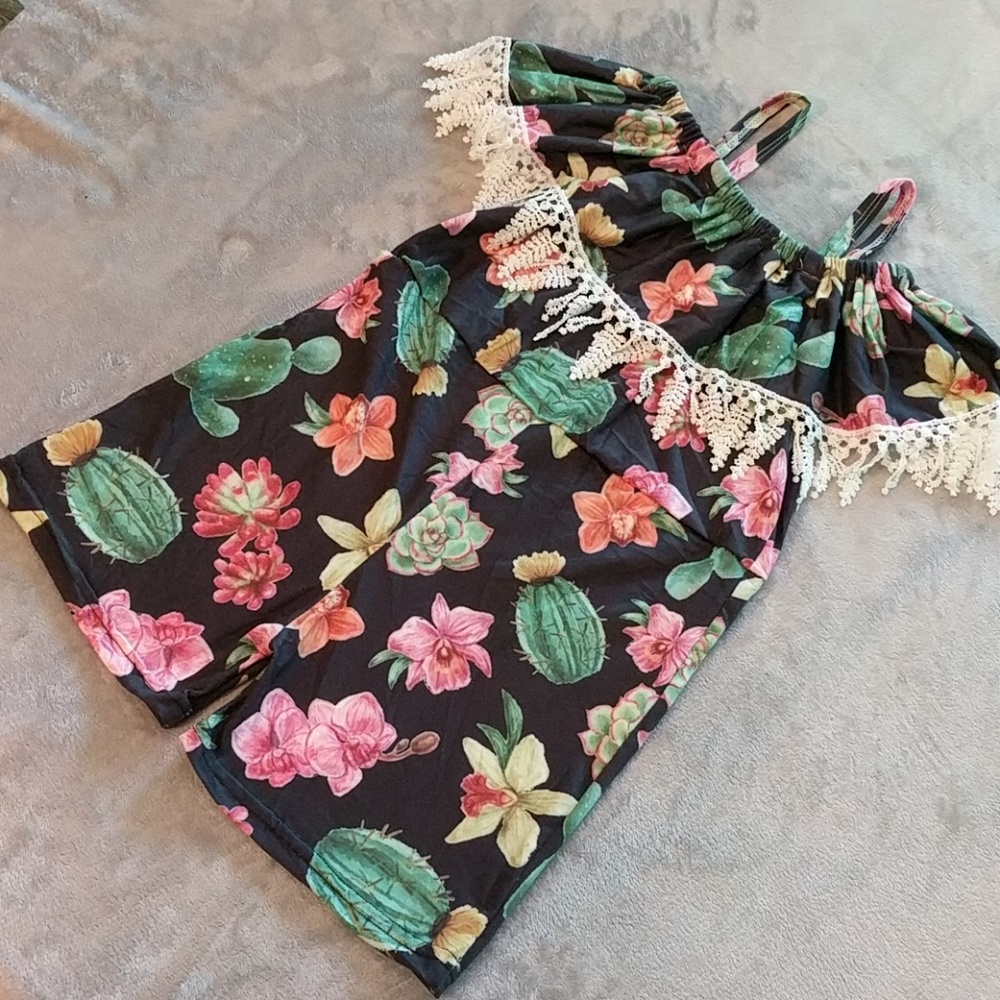 Girls Cactus Print Romper with Lace Detail